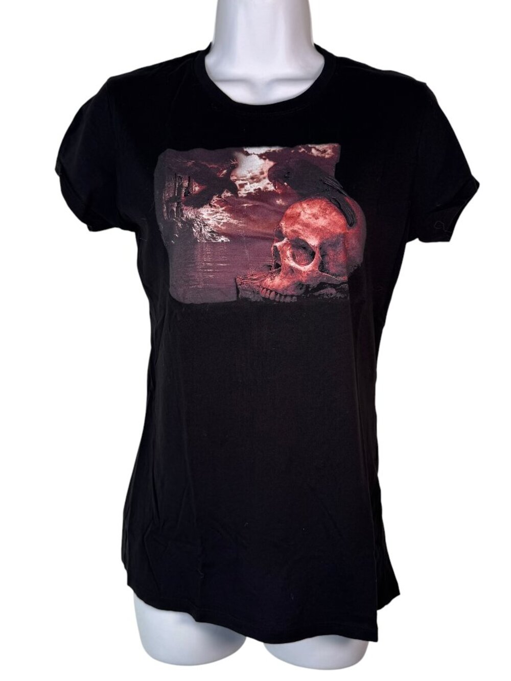Skull & Crows Black Babydoll T-Shirt Top Tee Ravens Horror Goth Occult Punk S